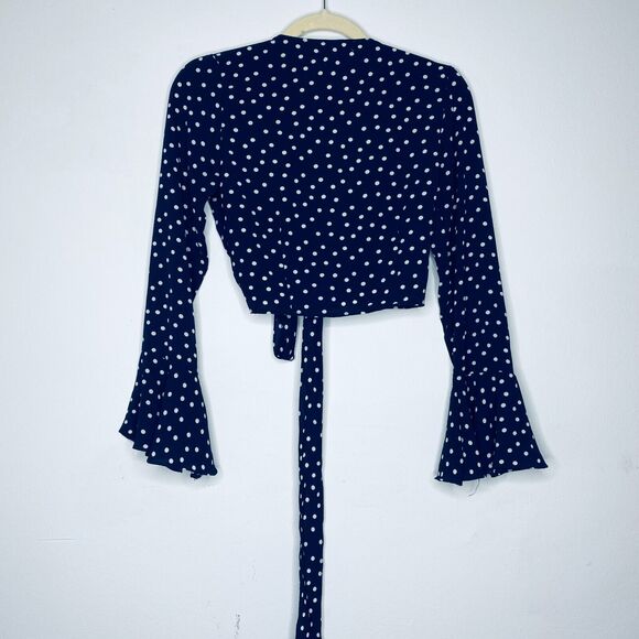 Revolve Eight Sixty Navy Cream Polka Dot Wrap Front-V Bell Sleeve Crop Top SM - Picture 3 of 9
